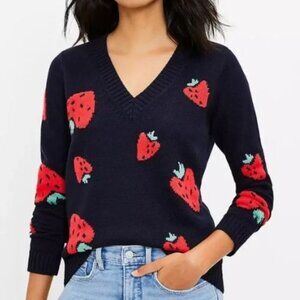 LOFT Women's Navy Blue Strawberry V-Neck Sweater Size Medium 36130